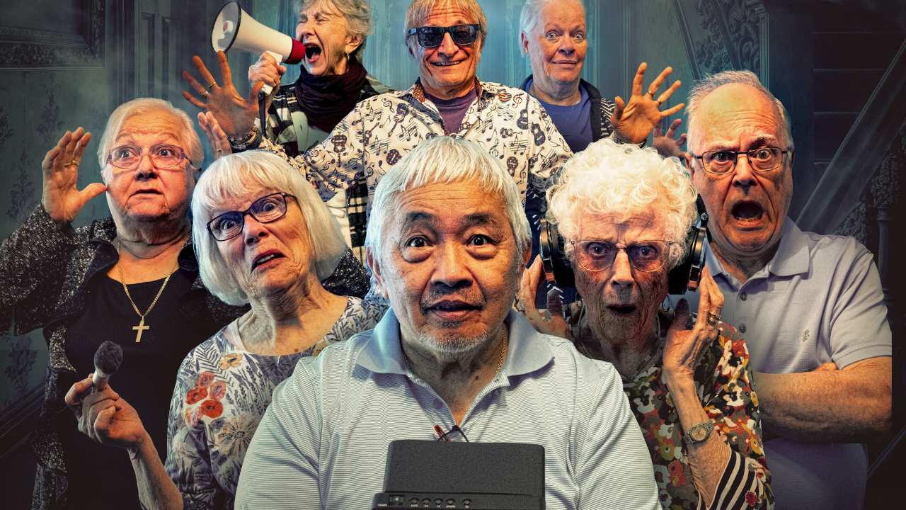 a group of people pretending to be scared